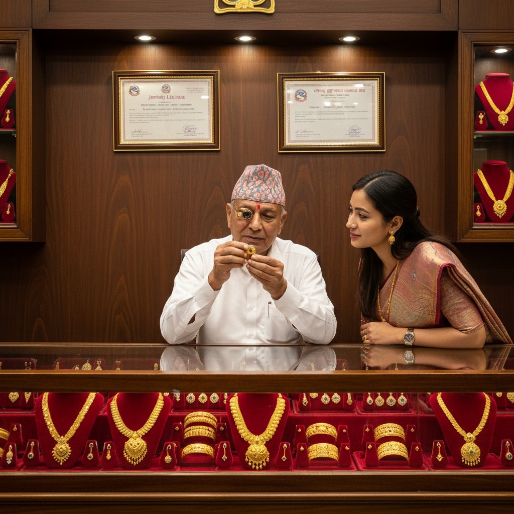 Interior of a licensed gold jewelry shop in Kathmandu showing traditional Nepali ornaments